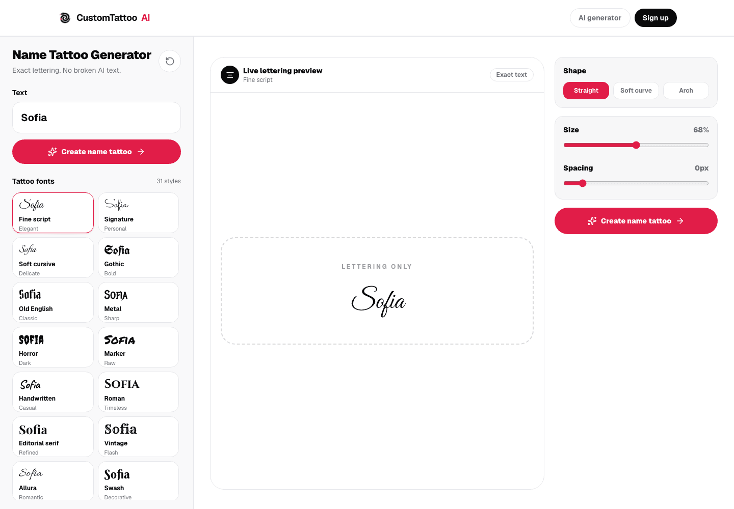 Name tattoo generator comparing exact lettering fonts, spacing and curve