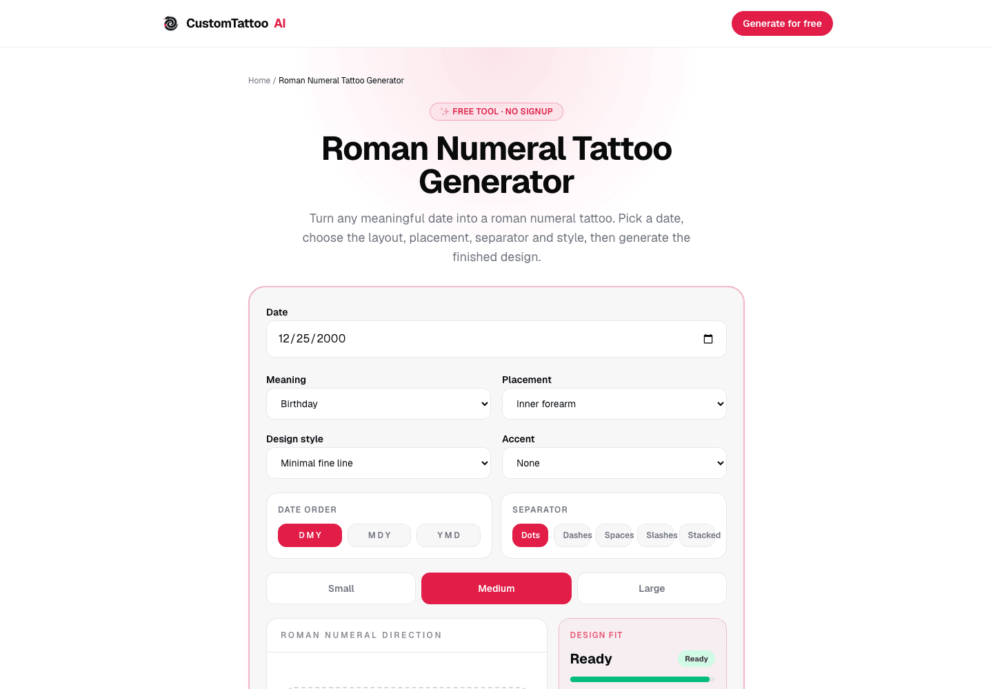 Roman numeral tattoo generator showing source date, date order, separators and preview