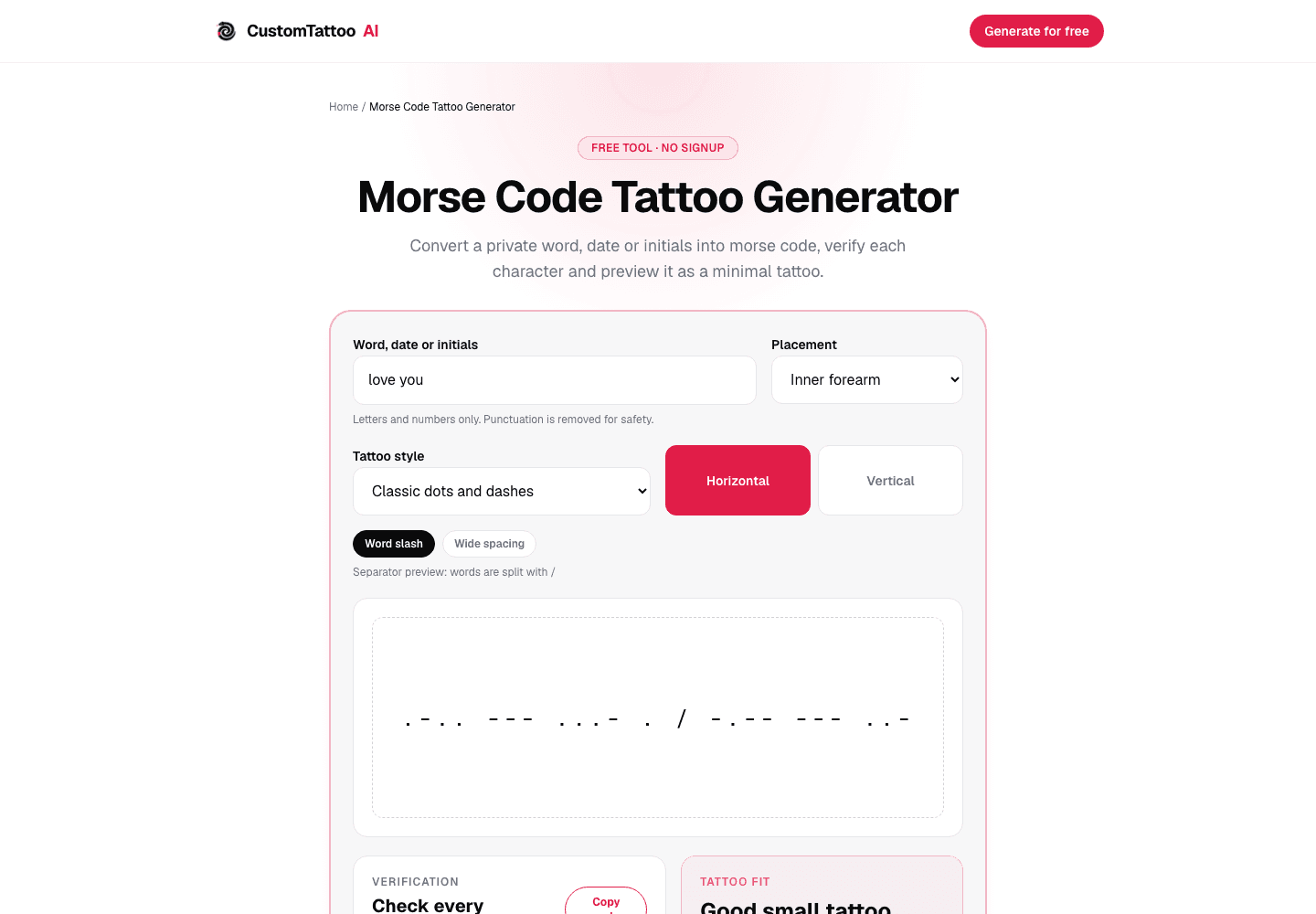 Morse code tattoo generator showing a dot and dash preview with letter verification