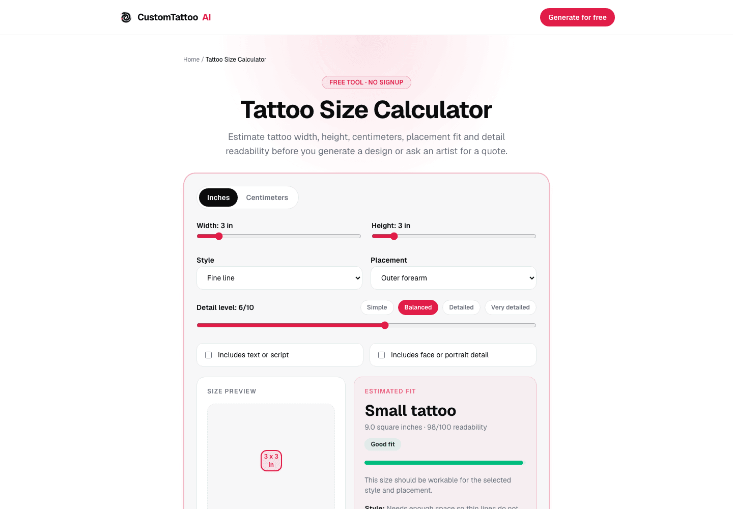 Tattoo size calculator showing dimensions, style, placement and estimated fit