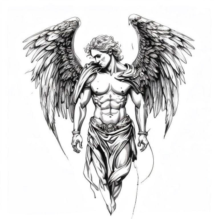 Archangel Michael tattoo design, fine line black ink style