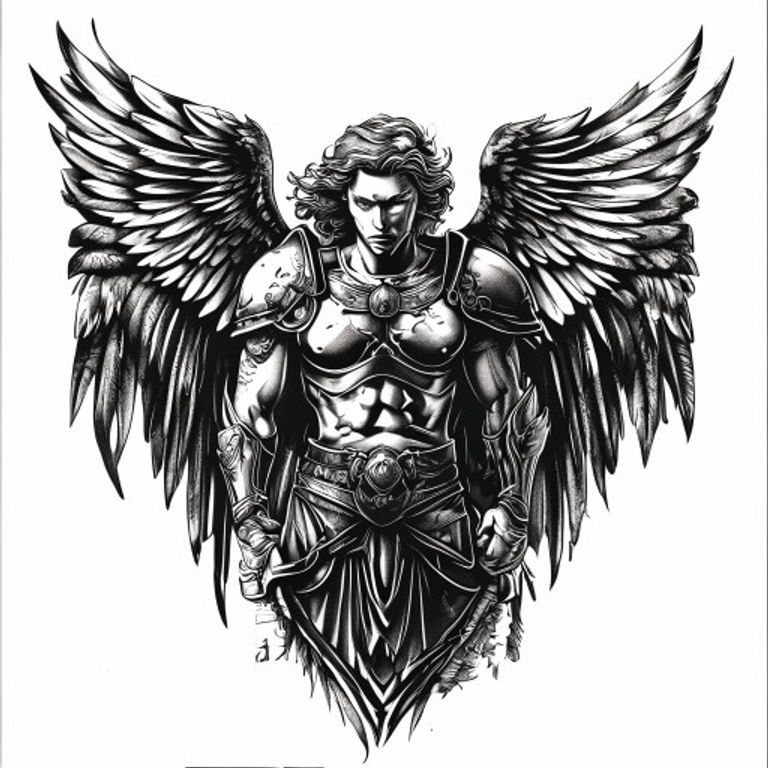 Archangel Michael tattoo design, bold blackwork style