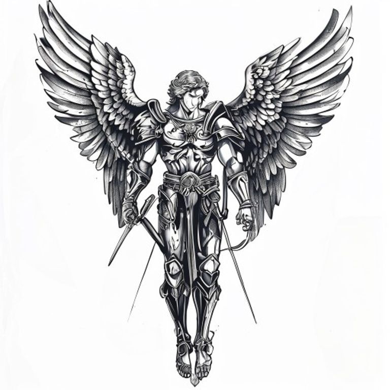 Archangel Michael tattoo design, neo-traditional color style