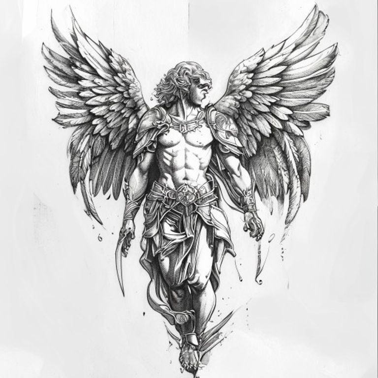 Archangel Michael tattoo design, dotwork shading style