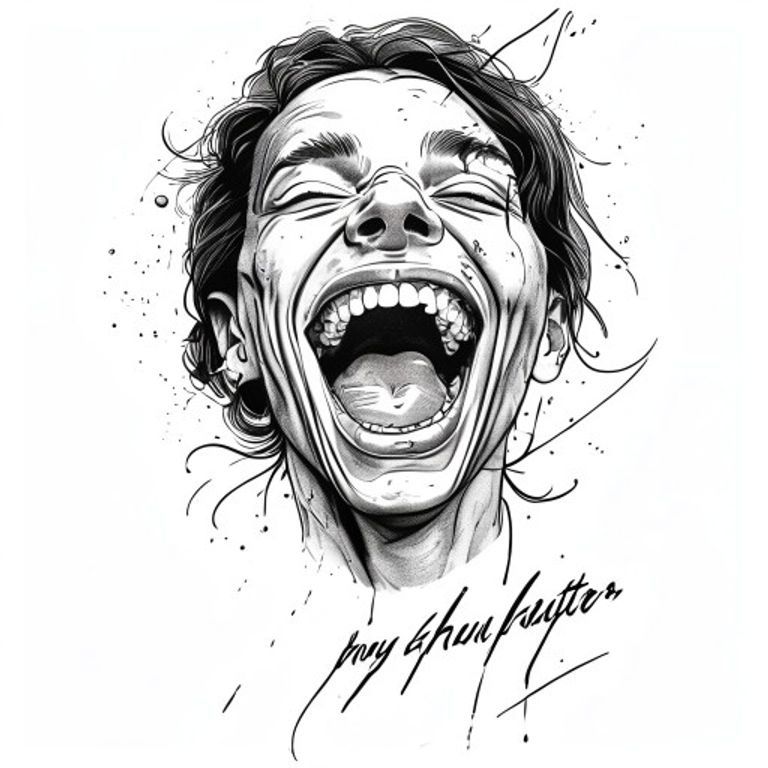 Laugh Now Cry Later tattoo design, fine line black ink style