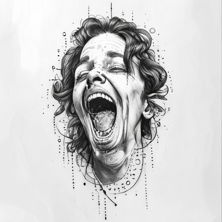 Laugh Now Cry Later tattoo design, dotwork shading style