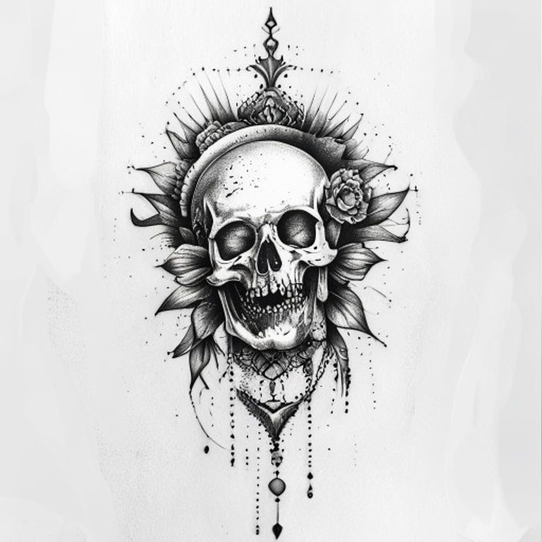 Memento Mori tattoo design — dotwork shading style