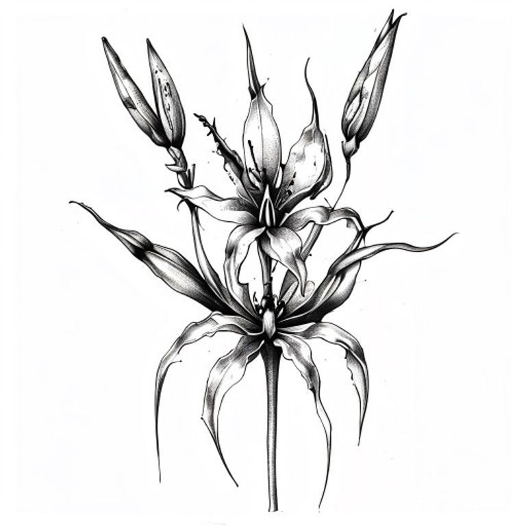 Spider Lily tattoo design, fine line black ink style