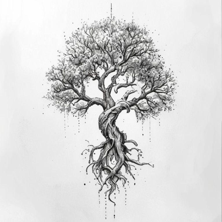 Yggdrasil tattoo design — dotwork shading style